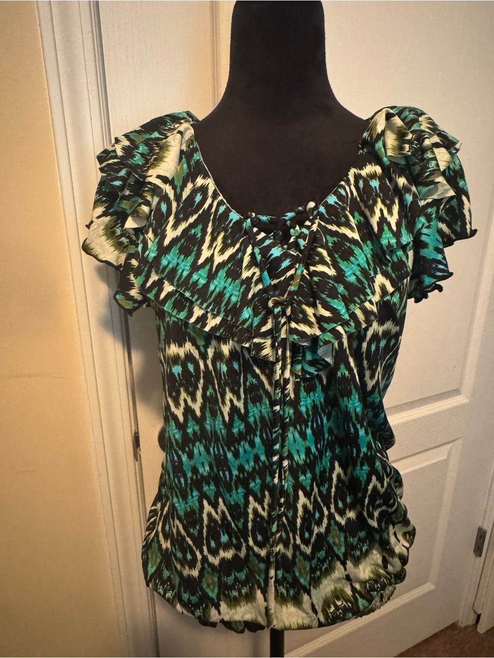 new directions Teal, Black & Cream Ikat Ruffle Blouse